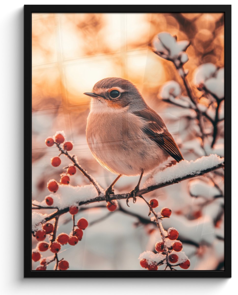 FrameYourWall Poster in lijst - Fotolijst 50x70 cm - Posters - Vogel - Tak - Winter - Dieren - Sneeuw - Posterlijst zwart - Decoratie - Wanddecoratie woonkamer - Muurdecoratie slaapkamer