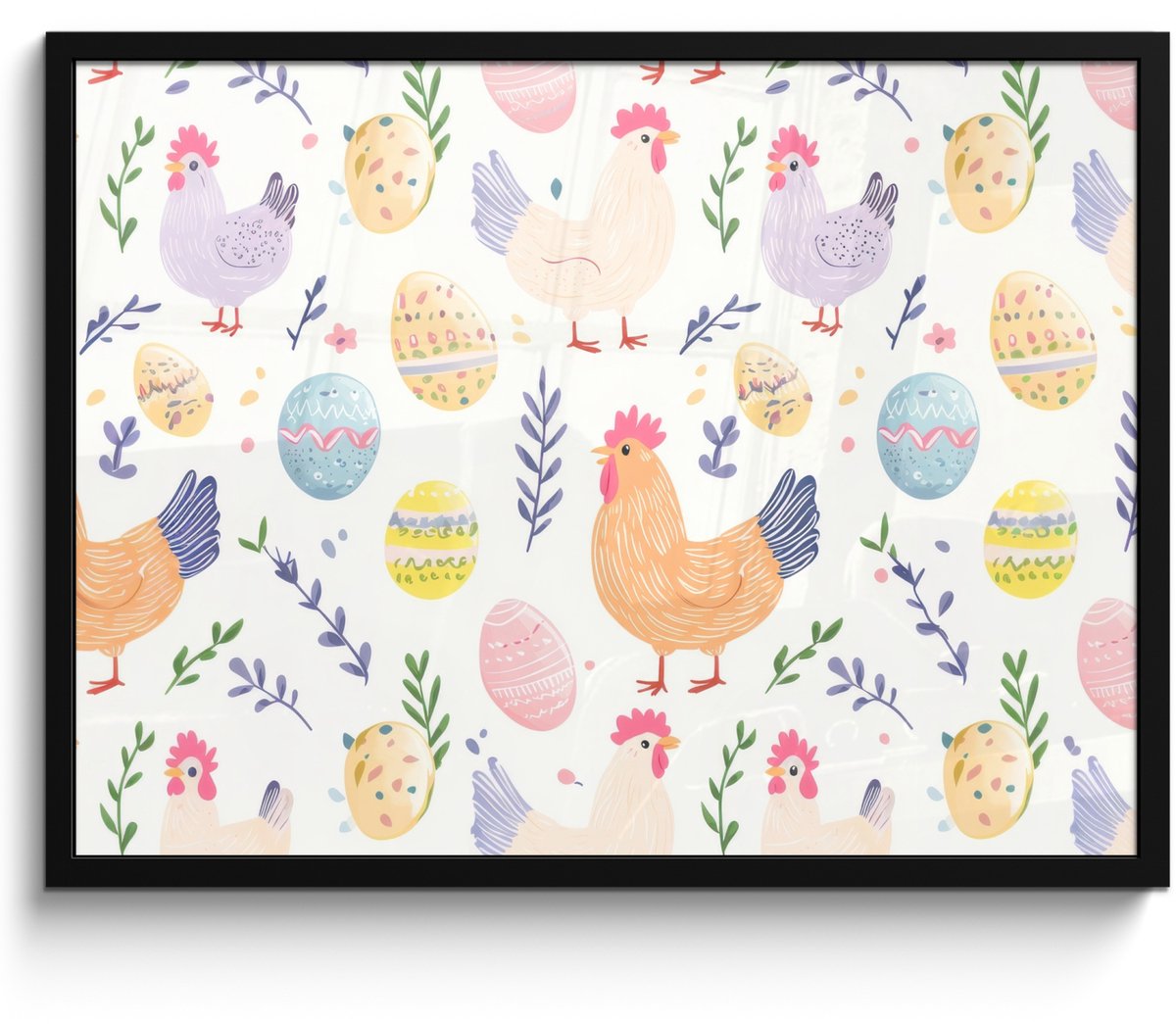 FrameYourWall Poster in lijst - Fotolijst 70x50 cm - Posters - Patroon - Kip - Paaseieren - Posterlijst zwart - Decoratie - Wanddecoratie woonkamer - Muurdecoratie slaapkamer Pastel - Pasen