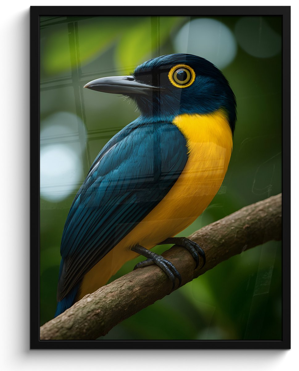 FrameYourWall Poster in lijst - Fotolijst 50x70 cm - Posters - Vogel - Tak - Geel - Bladeren - Posterlijst zwart - Decoratie - Wanddecoratie woonkamer - Muurdecoratie slaapkamer