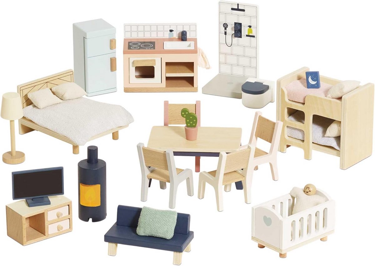 Houten Poppenhuis Starter Set met Meubels en Accessoires - Leeftijd 3+