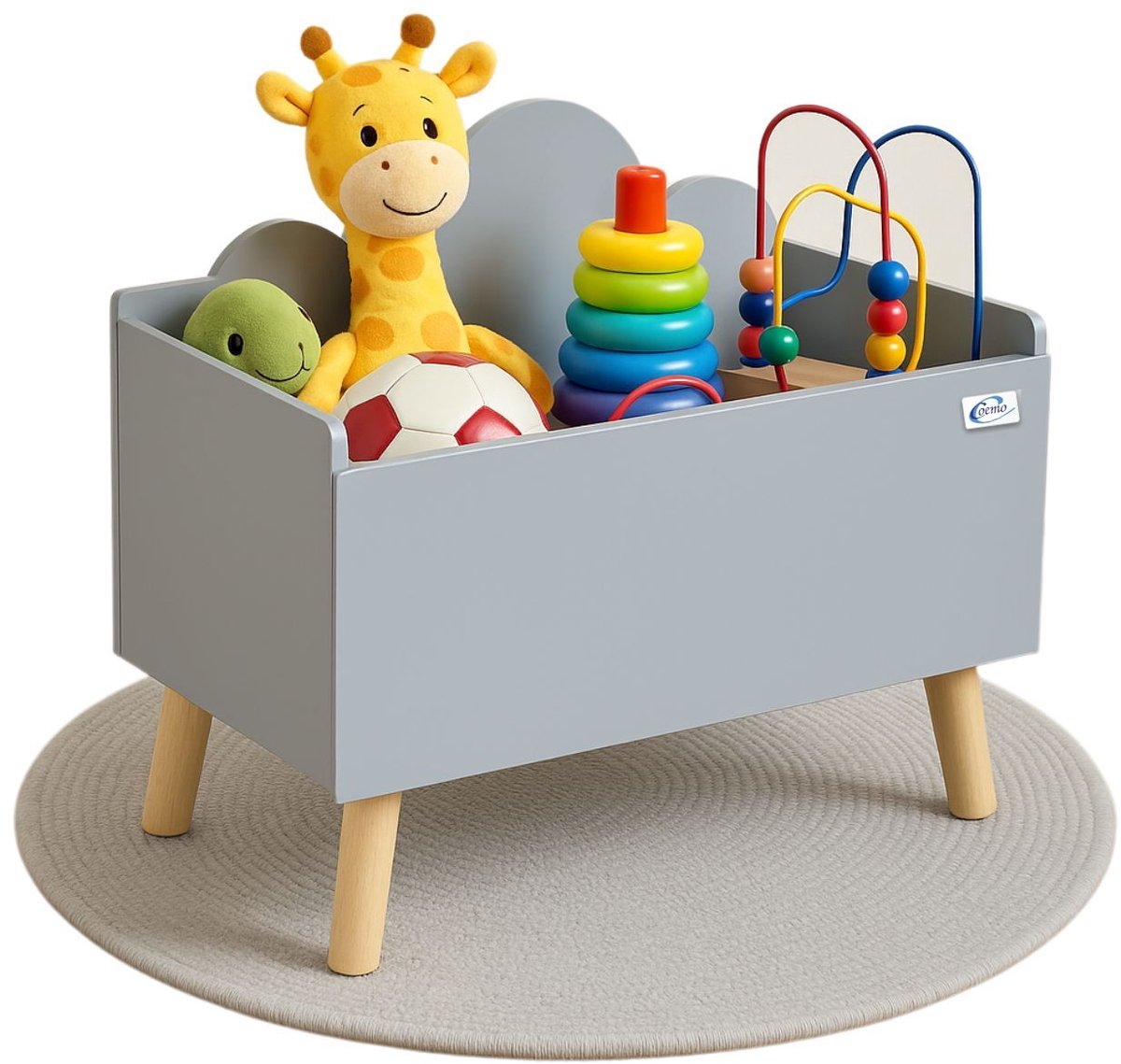 Coemo Speelgoedkist Grijs Kinderkamer LILO 28x58x44 cm – Opbergdoos met wolkdesign, stevige MDF-constructie, houten poten, Scandinavisch design, afgeronde hoeken, gemakkelijk schoon te maken