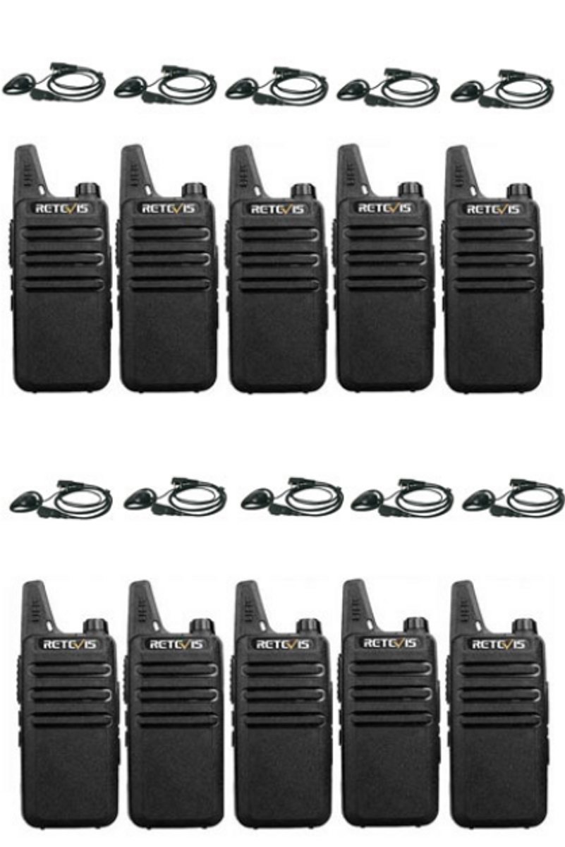Set van 10 Retevis RT622 vergunning vrije UHF mini portofoons met D-shape oortje