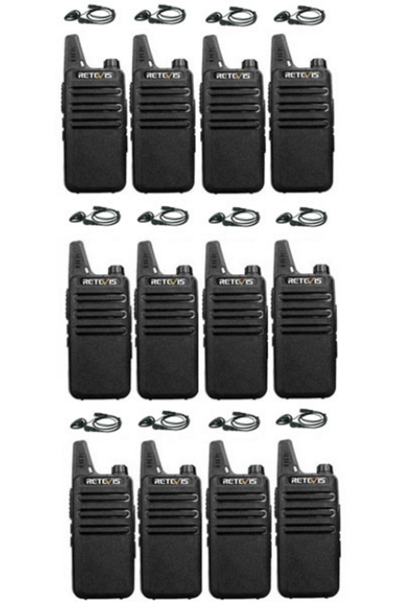 Set van 12 Retevis RT622 vergunning vrije UHF mini portofoons met D-shape oortje