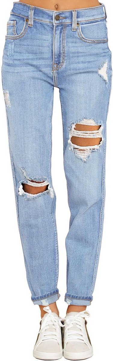 Dames Boyfriend Jeans Stretch Hoge Taille Geribbelde Mom Jeans Slim Fit Denim