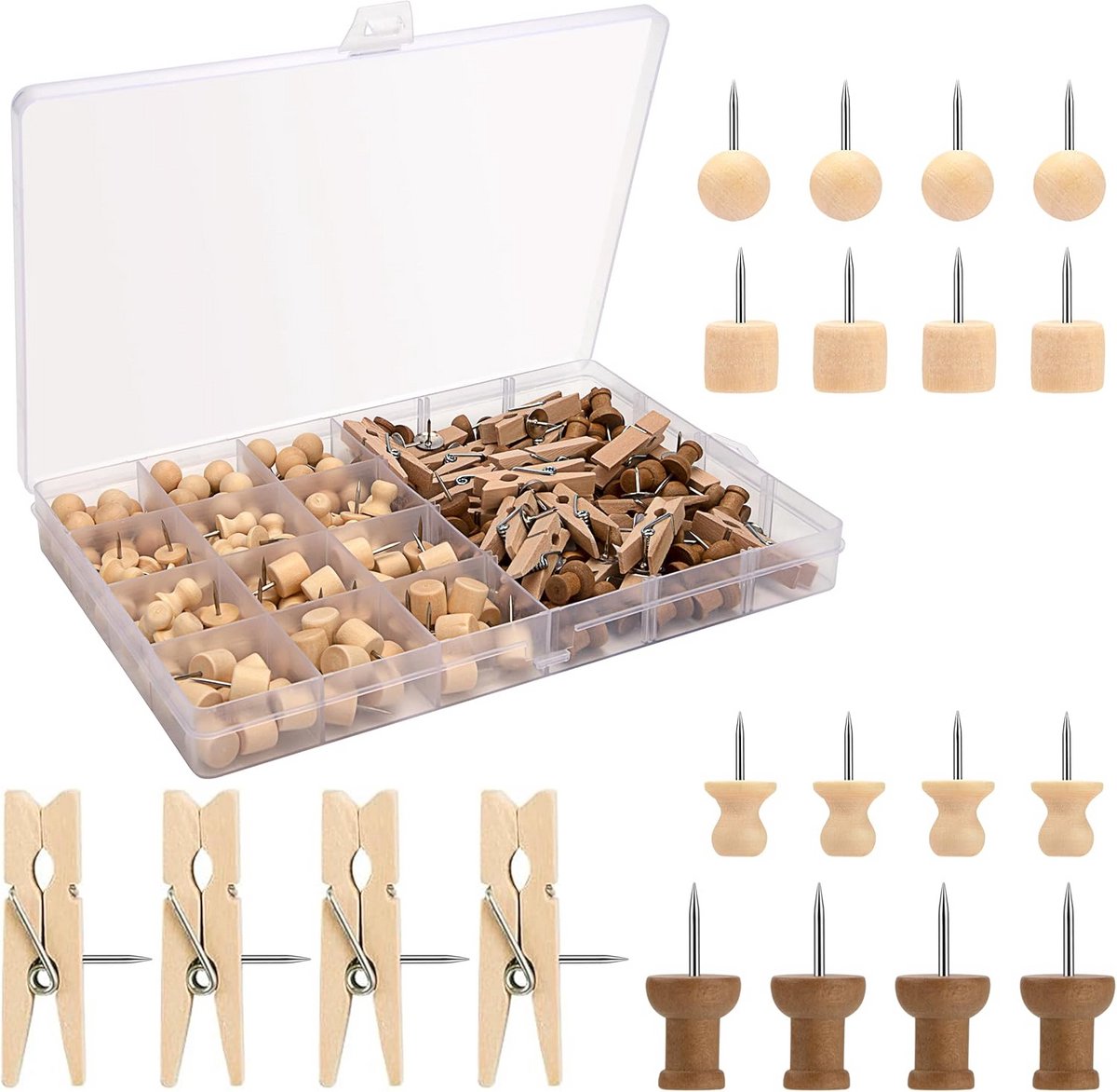 200 Houten Punaises Set - 5 Vormen I-vorm Bol Cilinder Strohoed Klemmen - Verzameling voor Prikborden Kurkplaat Kantoor School Thuis Creatieve Projecten