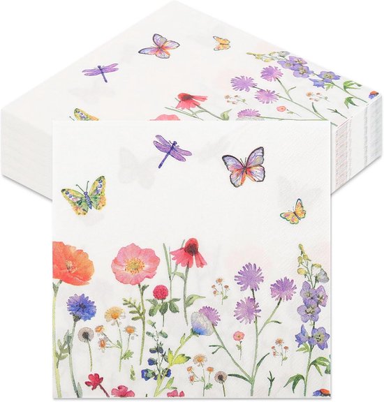 100 Papieren Servetten met Bloemen en Vlinders - Ideaal voor Lente, Tuinfeest en Bruiloft Decoratie
