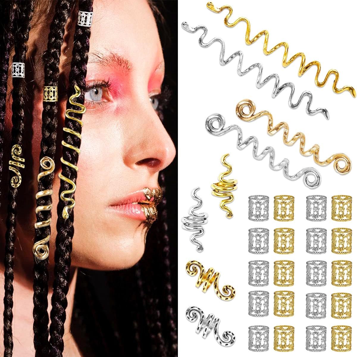 28 Delige Set Dreadlock Haaraccessoires: Keltische Haarspiralen en Manchetten voor Vlechten en Locs