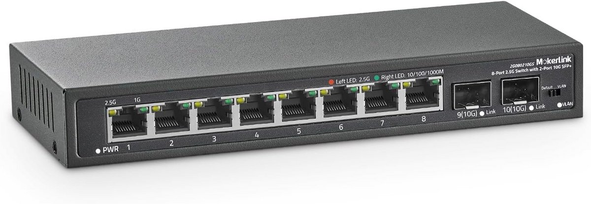 8-poorts 2.5G Gigabit Ethernet Switch met 2x10G SFP+ slots, Fanless Metalen Netwerk Switch