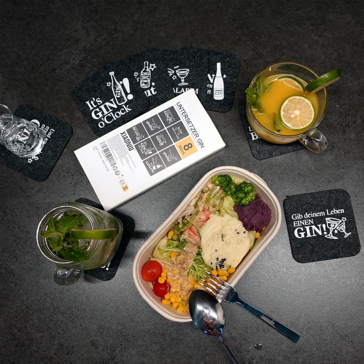 Onderzetters Gin Set - 8 Stuks Vilt met Grappige Spreuken