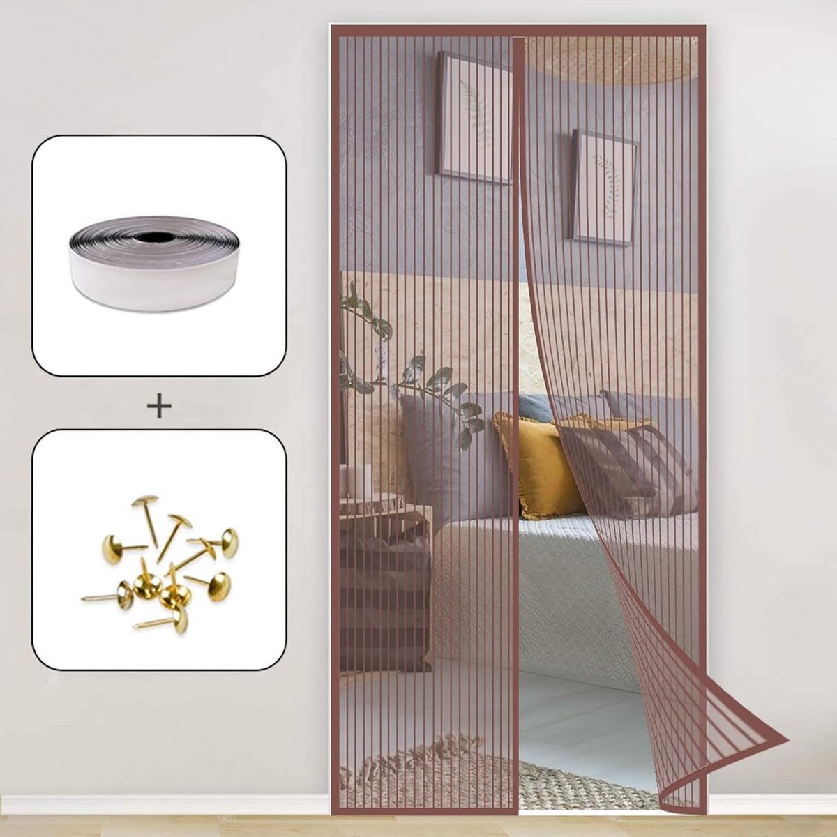 Magnetische Schermdeur 100x235 cm - Automatisch Sluitend, Stil en Eenvoudig te Monteren voor Balkon, Woonkamer of Terras - Bruin