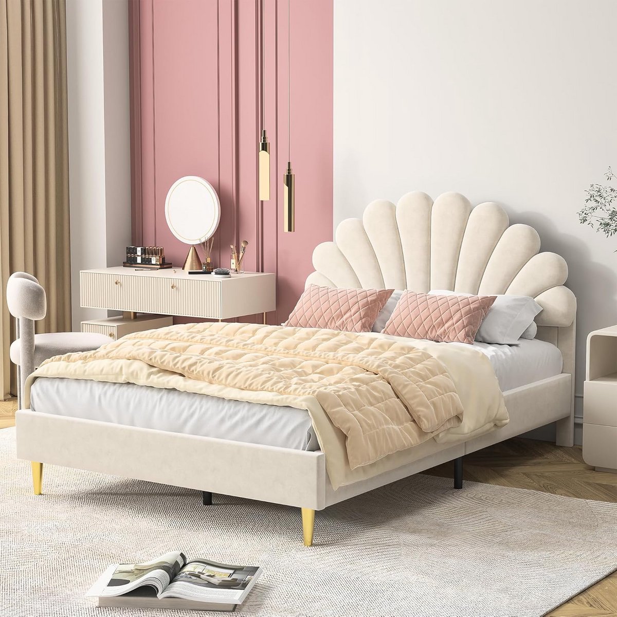 Gestoffeerd Tweepersoonsbed 140x200 cm met Hoofdeinde Bloemvorm en Lattenbodem Beige