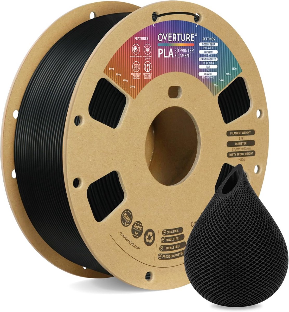 PLA Filament 1,75 mm Zwart - 1 kg Spoel - Hoge Maatnauwkeurigheid voor 3D-printers