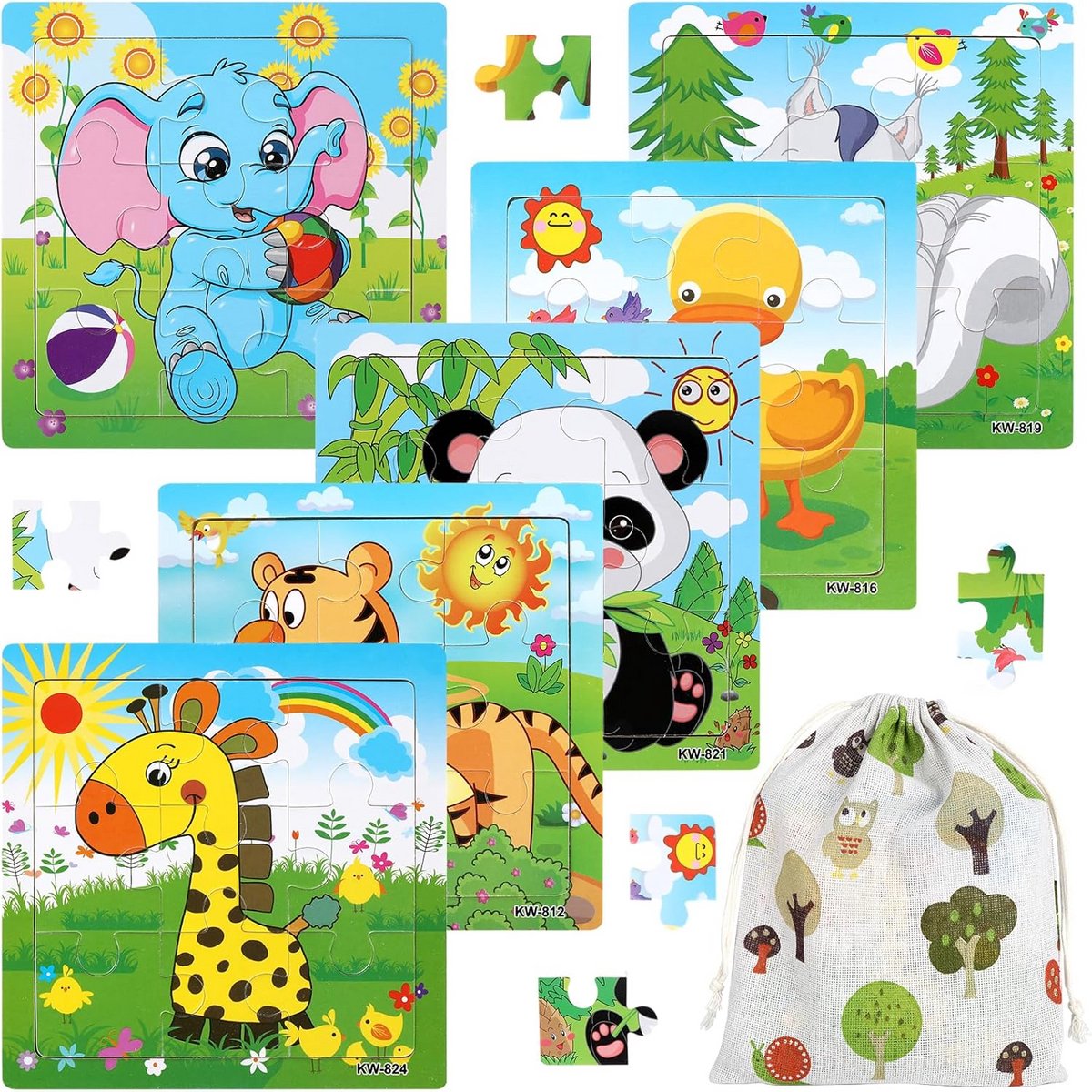 Set van 6 Houten Legpuzzels met Dieren voor Peuters en Kleuters