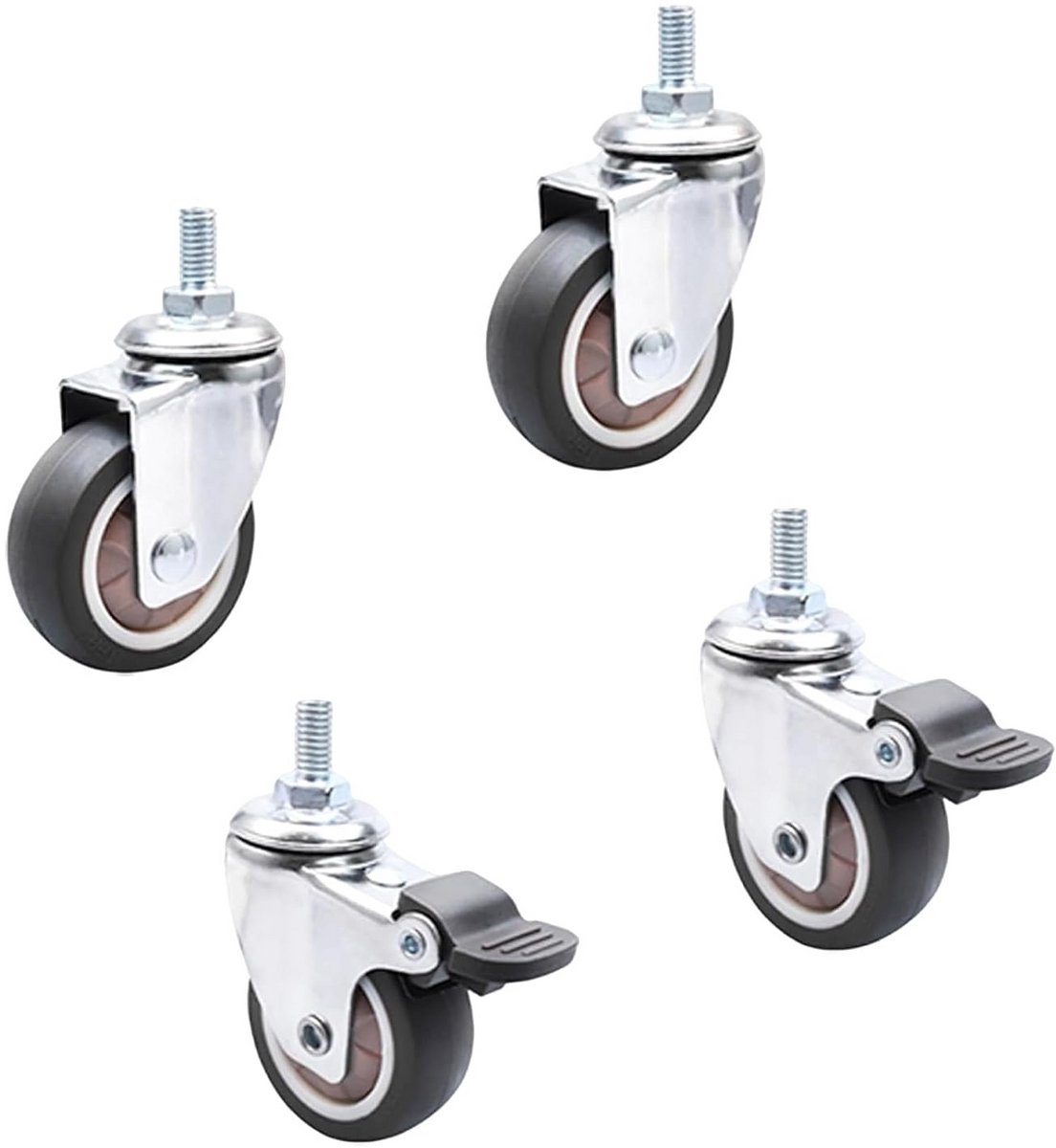 Set van 4 Zware Zwenkwielen (50mm) met Rem - Krasvrije Rubberen Industrie Wielen