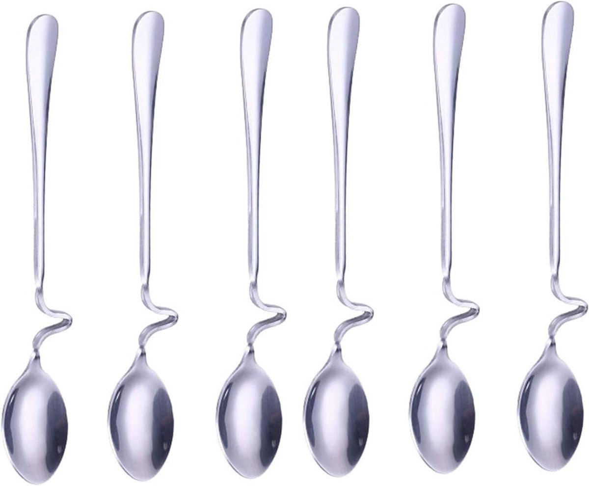 Roestvrijstalen Honinglepel - Gebogen vorm - Sirooplepel voor Latte - Dessertlepel - 6 stuks