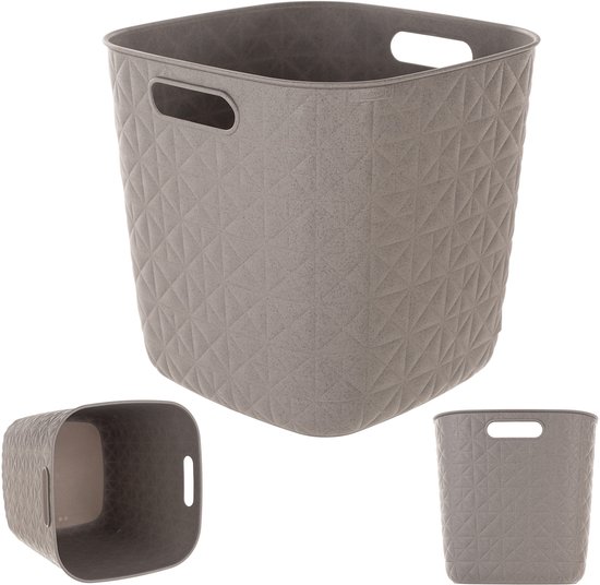 Panier de rangement Cube gris avec un motif losange et des poignées.