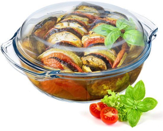 KADAX Ovenschotel van hittebestendig glas, vuurvast vat, glazen braadpan met deksel en handgrepen, servies voor braden, oven, elektrische kookplaat, voor lasagne, vlees, transparant (rond, 2,2 l