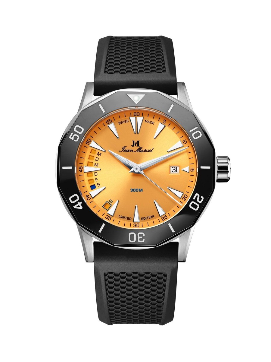 Jean Marcel Tropical Diver - horloge - oranje - zwart - rubber band zwart - 42 mm - datum-dag