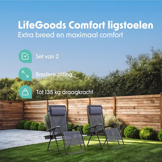 LifeGoods Opvouwbare Tuinstoelen - 2 Stuks - Ligstoel Tuin - 30°-90° Verstelbaar - Metaal - Blauw van LifeGoods — afbeelding 2
