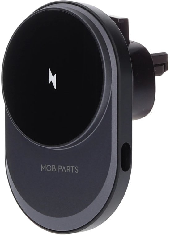 Zwarte en grijze Mobiparts MagSafe autohouder met logo en bliksemschicht symbool.