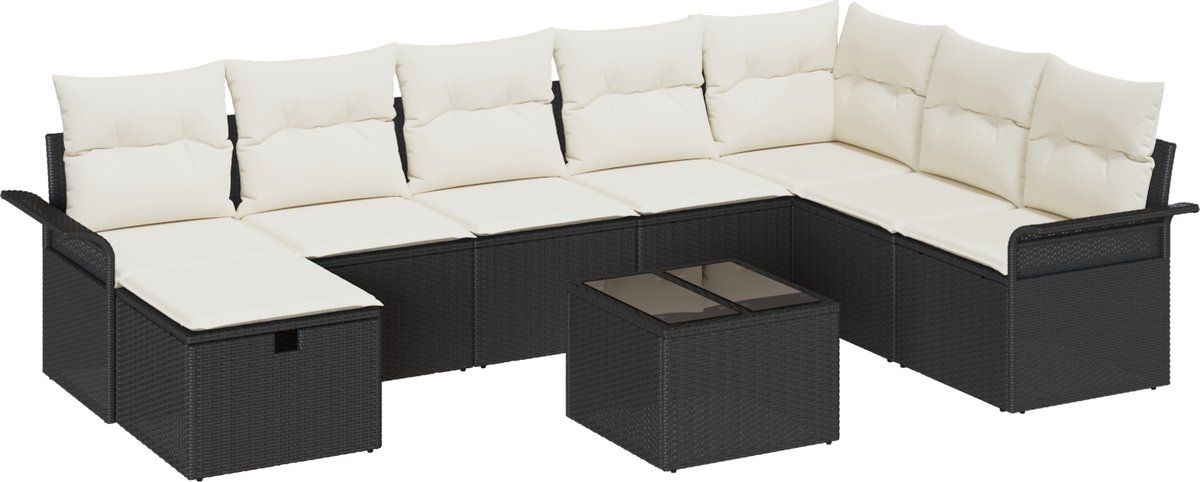 vidaXL Tuinbank - Set - 9 - st - Poly - rattan Zwart/ Crèmewit