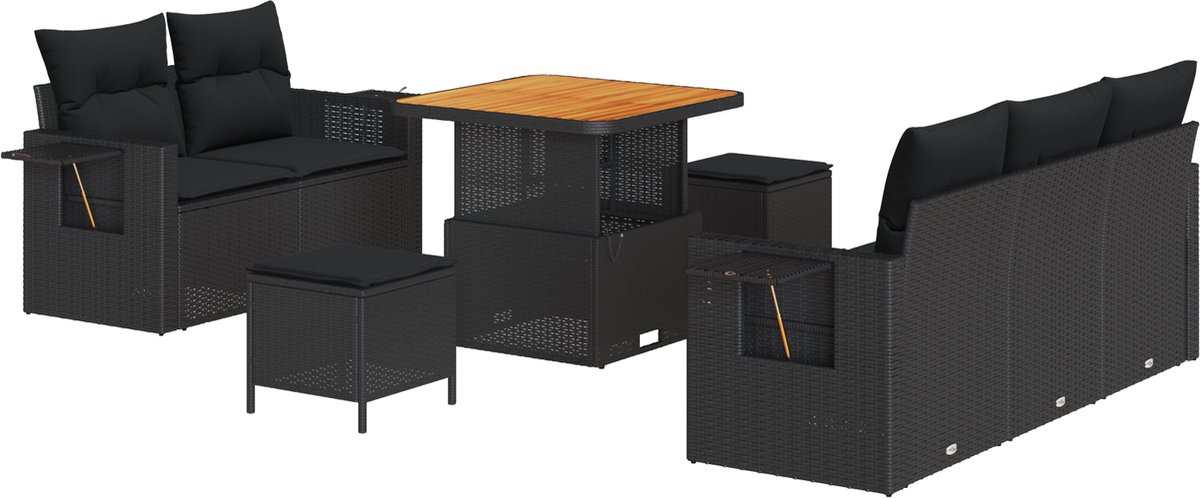 vidaXL - Tuinbank - Set - met - kussen - 8 - pcs - Zwart - poly - rattan