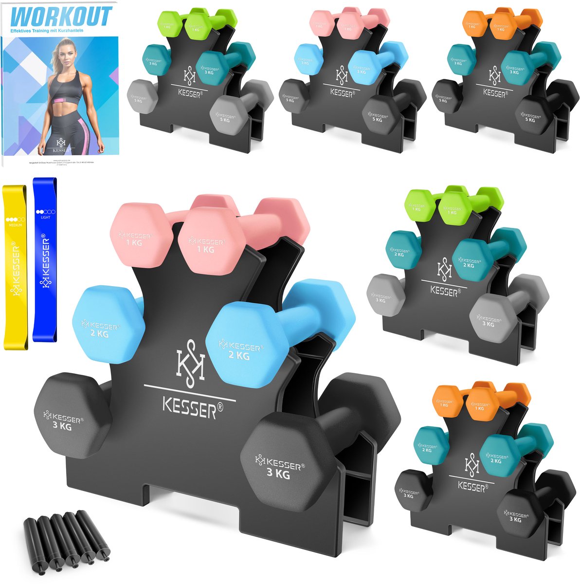 KESSER® Dumbells Set 3 Paren (2x 1, 2 & 5kg) = 18 kg totaal | 6x Dumbbells verstelbaar Geschikt voor Fitness Zumba & Aerobics | Halters Gewichten Set met Standaard | Halterset met oefeningenboekje, 2x fitnessbanden – foto 3