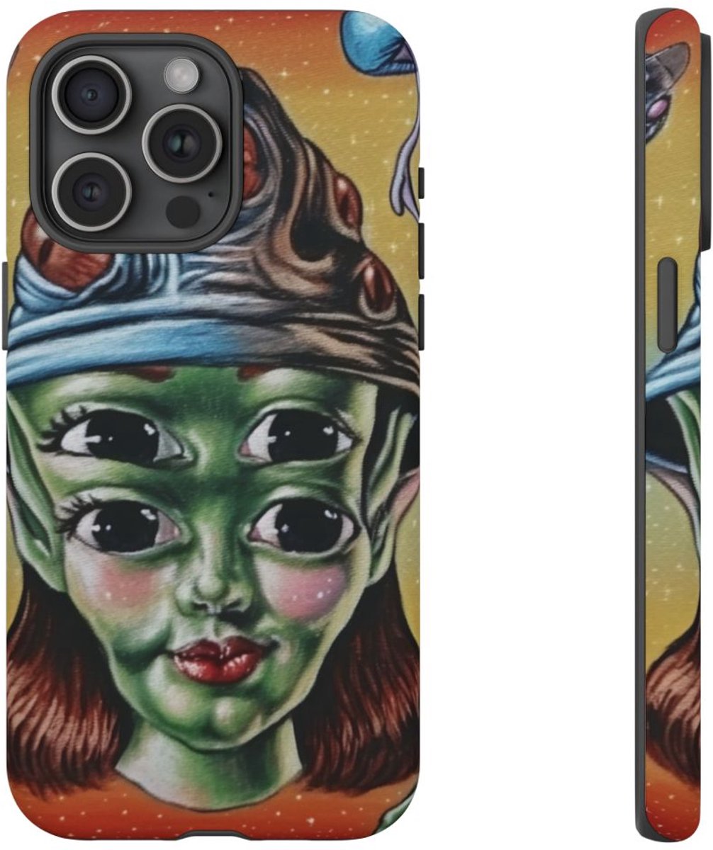 Vierogige Alien met Kosmische Elementen – Telefoonhoesje Geschikt voor iPhone 15 Pro Max