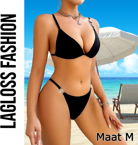 Bikini deux pièces Zwart LaGloss® pour femme – Maillot de bain sexy avec 4 Hartjes scintillants – Couleur unie – Taille M