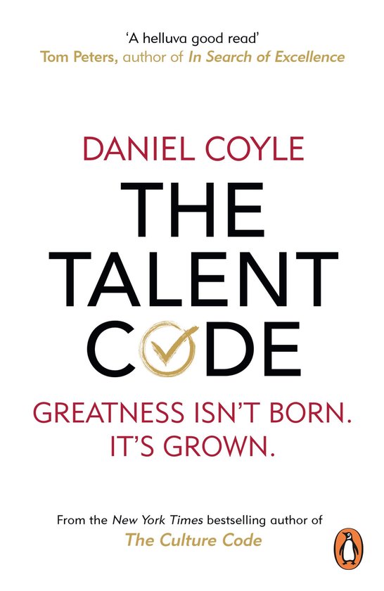 Boek 'The Talent Code' van Daniel Coyle, met de tekst 'Greatness Isn't Born. It's Grown.'