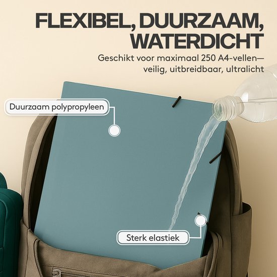 Blauwe map met elastiek, gemaakt van duurzaam polypropyleen, in een rugzak. Water stroomt over de map.