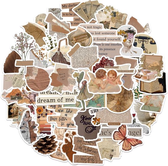 Grote set vintage stickers met diverse afbeeldingen, waaronder een paraplu, telefoon en engelen.