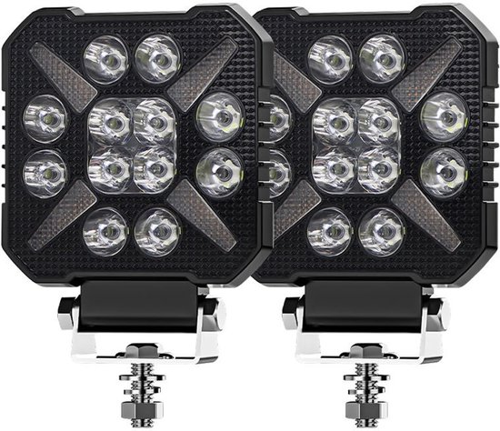 Twee zwarte vierkante LED werklampen met 12 LED's en metalen beugels, op een witte achtergrond.