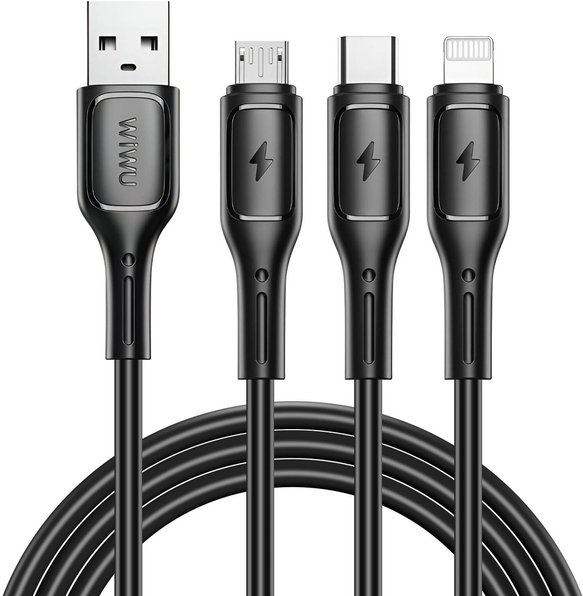 WiWu, 3-in-1 USB-C, Micro USB en Lightning Kabel USB Plug 1m Lengte, Zwart