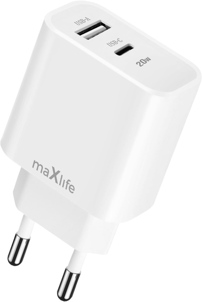 MaXlife, Dubbele poort USB en USB C Power Delivery 20W netvoeding oplader, Wit