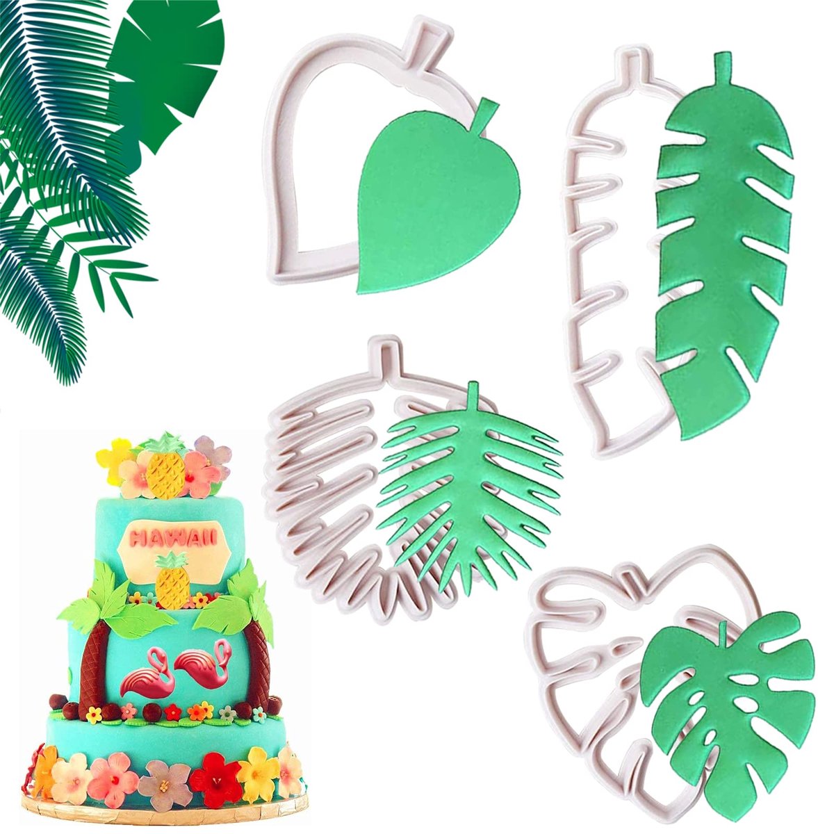 Set van 4 koekjesvormpjes met tropische bladeren. Tropische koekjesvormpjes met bladeren van plastic. Koekjesvormpjes met bladeren voor DIY-taartdecoraties. Koekjesfondant.