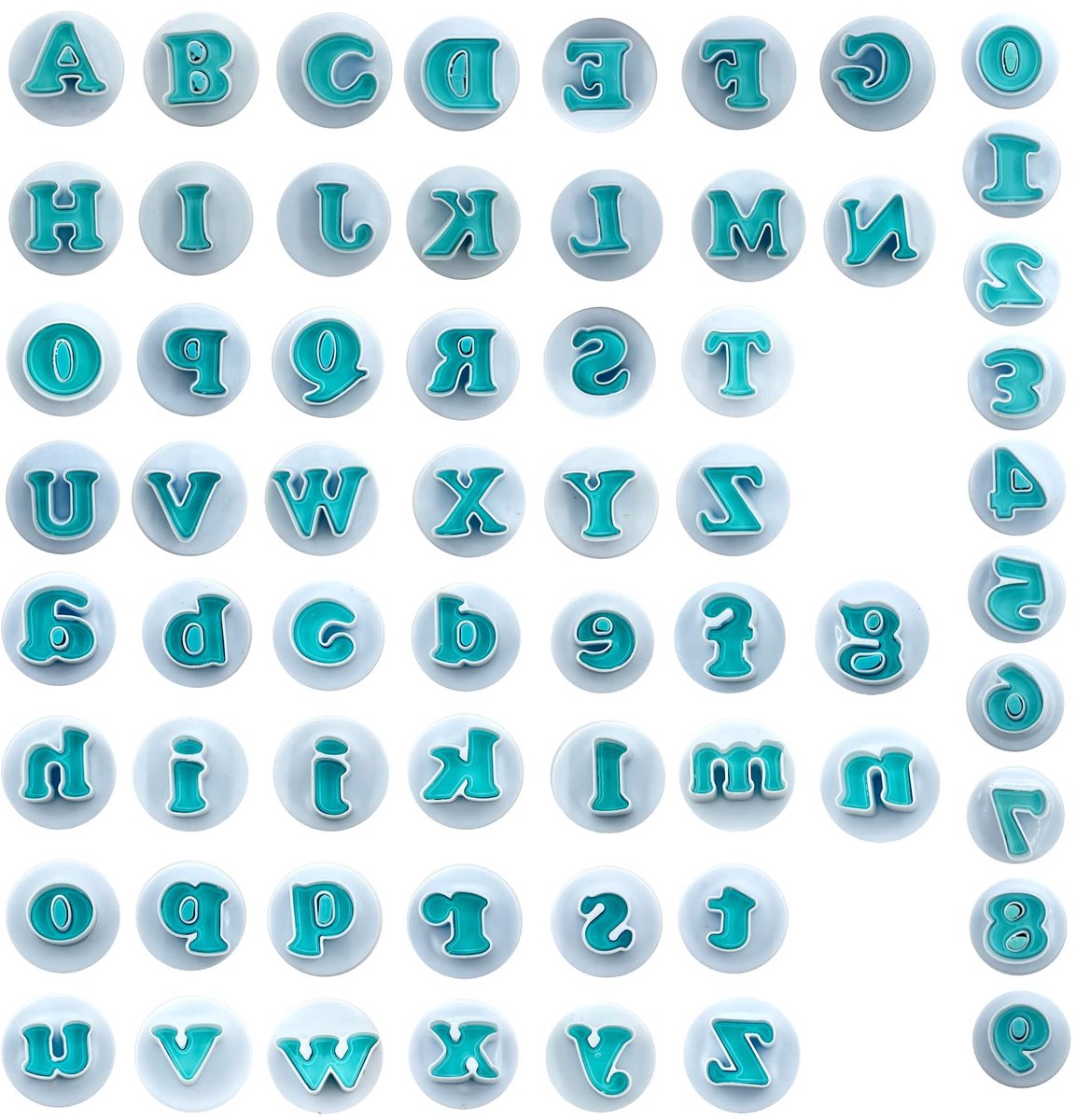 NICAVKIT 62 stuks letters en cijfers taartfondant mallenset, hoofdletters, kleine letters en 10 stuks cijfervormige koekjesvormpjes, letteralfabet taartvormen voor fondant, taart, koekje