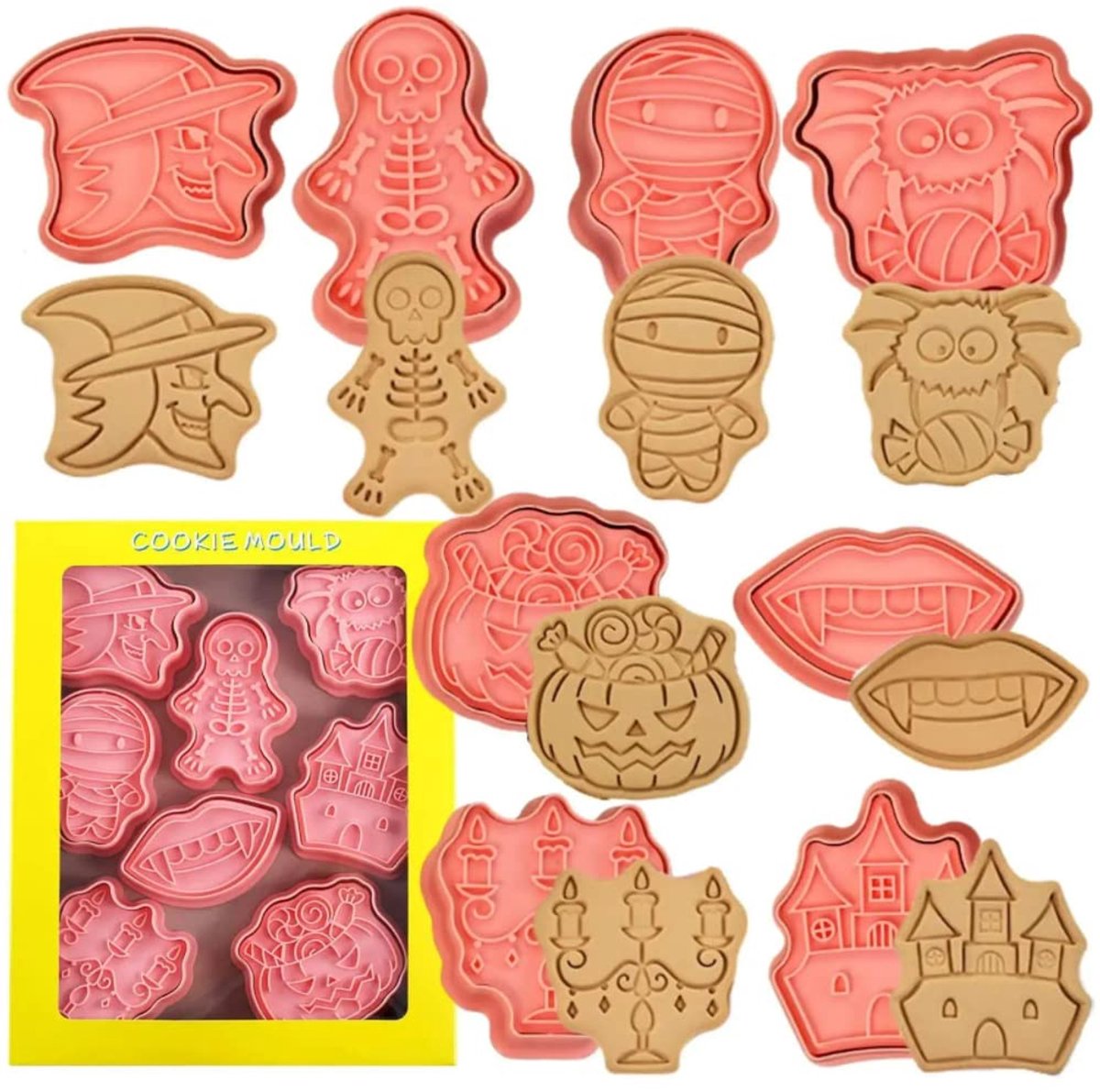 Set van 8 Halloween koekjesvormpjes, koekjesvormpjes pompoen vleermuis spook schedel kat spinnenweb snoep heksenhoed koekjesvormpjes om met kinderen te bakken, koekje, fondantvormpjes (F)