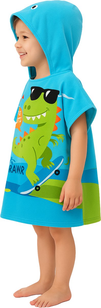 JAXY - Badcape Baby met Capuchon – Zachte Sneldrogende Badponcho Kind – Microvezel Poncho Handdoek voor Meisje & Jongen – Strandponcho voor Kinderen - Dino Skateboard — afbeelding 2