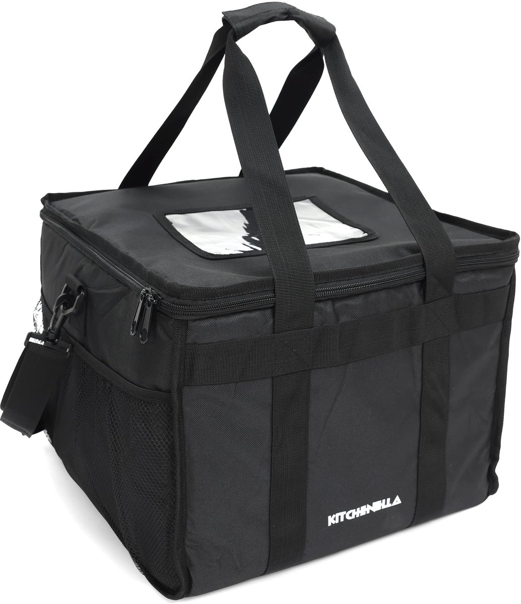 40L Koeltas voor warme maaltijden, 38 x 38 x 32 cm, voor picknicks op het strand, ideaal voor pizzabezorgers, geïsoleerd, houdt eten warm of koud, voor fastfoodafhaal, zwart, 40