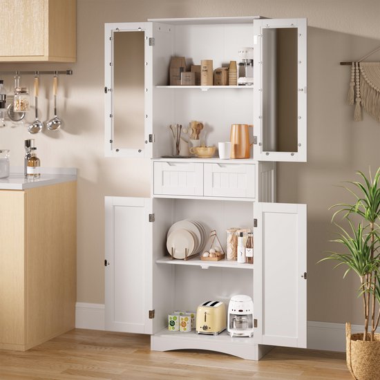 Xbro Keukenkast met Transparante Bovenkast en 2 Laden – Voorraadkast met Anti-Kantelbeveiliging – Hoge Opbergkast voor Keuken, Woonkamer of Washok – 60x30x170 cm