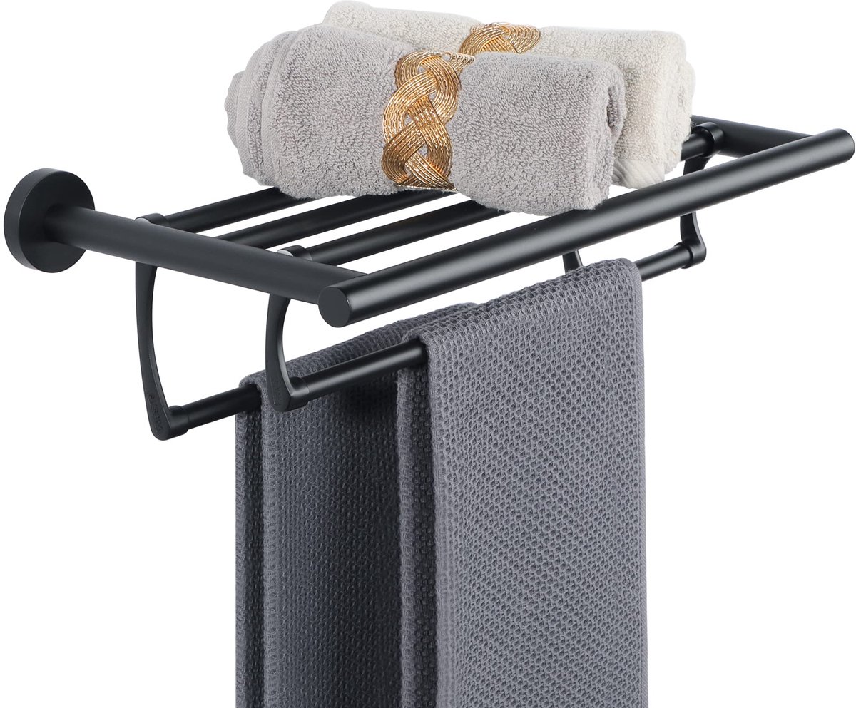 Ibenzoa® Zwarte Dubbele Handdoekhouder voor Badkamer en Keuken met Opklapbare Stang 40CM Wandmontage