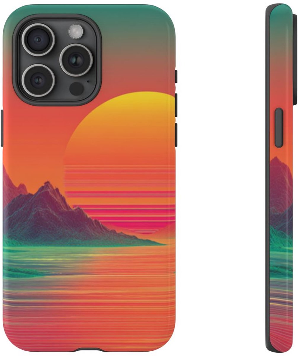 Neon Zonsondergang met Bergen en Zee – Telefoonhoesje Geschikt voor iPhone 15 Pro Max
