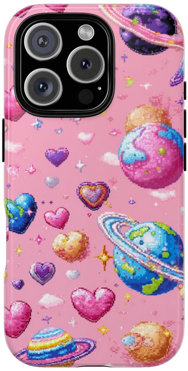 Pixel Art Harten en Planeten Patroon – Telefoonhoesje Geschikt voor iPhone 16 Pro