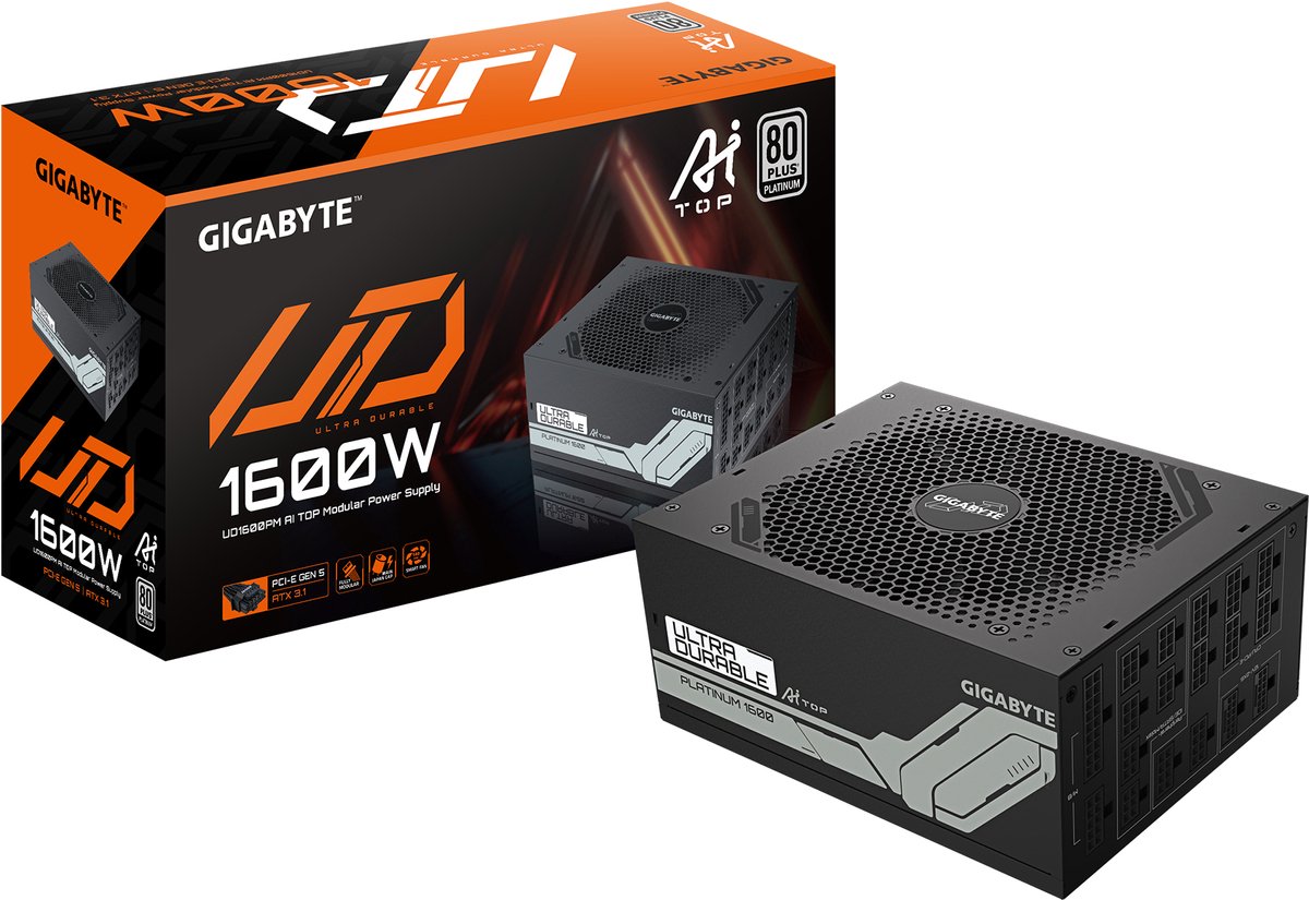 Gigabyte UD1600PM PG5 AI TOP voeding - PCIe 5.0, 80 PLUS Platinum, volledig modulair ontwerp, 120 mm ventilator, ATX 3.1 compatibel, EU-stekker