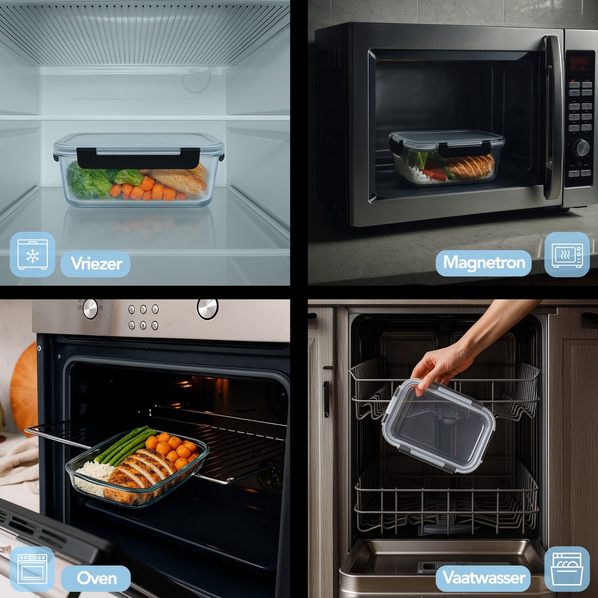 Aviro Vershoudbakjes Glas - 6 Stuks - Meal Prep Bakjes - Vriezer, Magnetron & Oven Bestendig - BPA Vrij - Luchtdicht - 1L — afbeelding 5