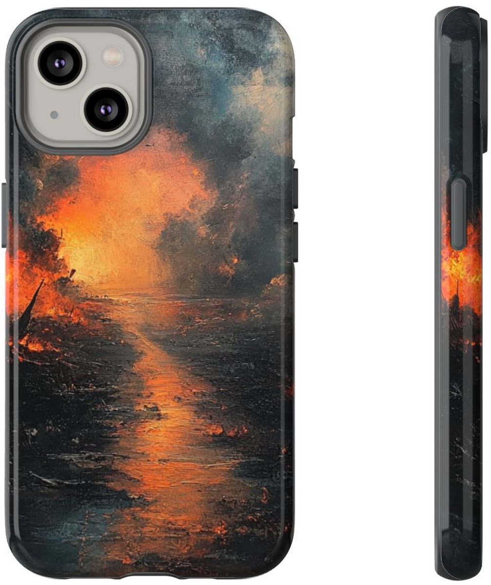 Vurige Oorlogslandschap met Rook – Telefoonhoesje Geschikt voor iPhone 14