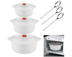 HEKOBAG 3 stuks magnetronschalen met deksel Magnetronbord Plastic magnetronkookpot 0,9L/1,6L/2,4L Kom met deksel Magnetronbestendige magnetronschaalset met stoomregelventiel Vorken