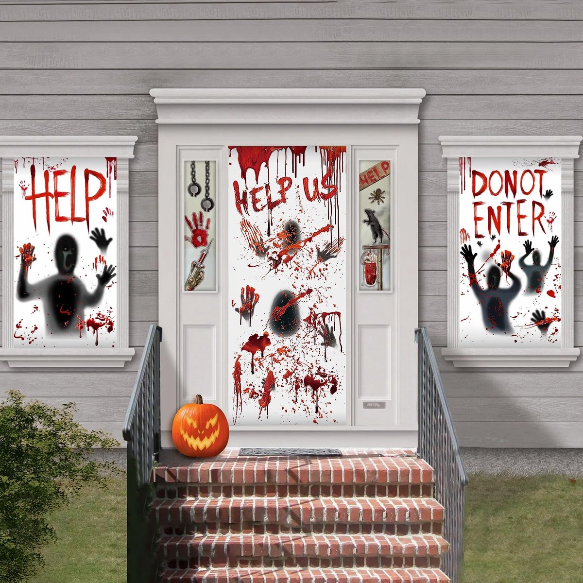Ibenzoa® Griezelige Halloween Deur- en Raamstickerset met Bloederige Handafdrukken en Help Tekst voor Feestdecoratie
