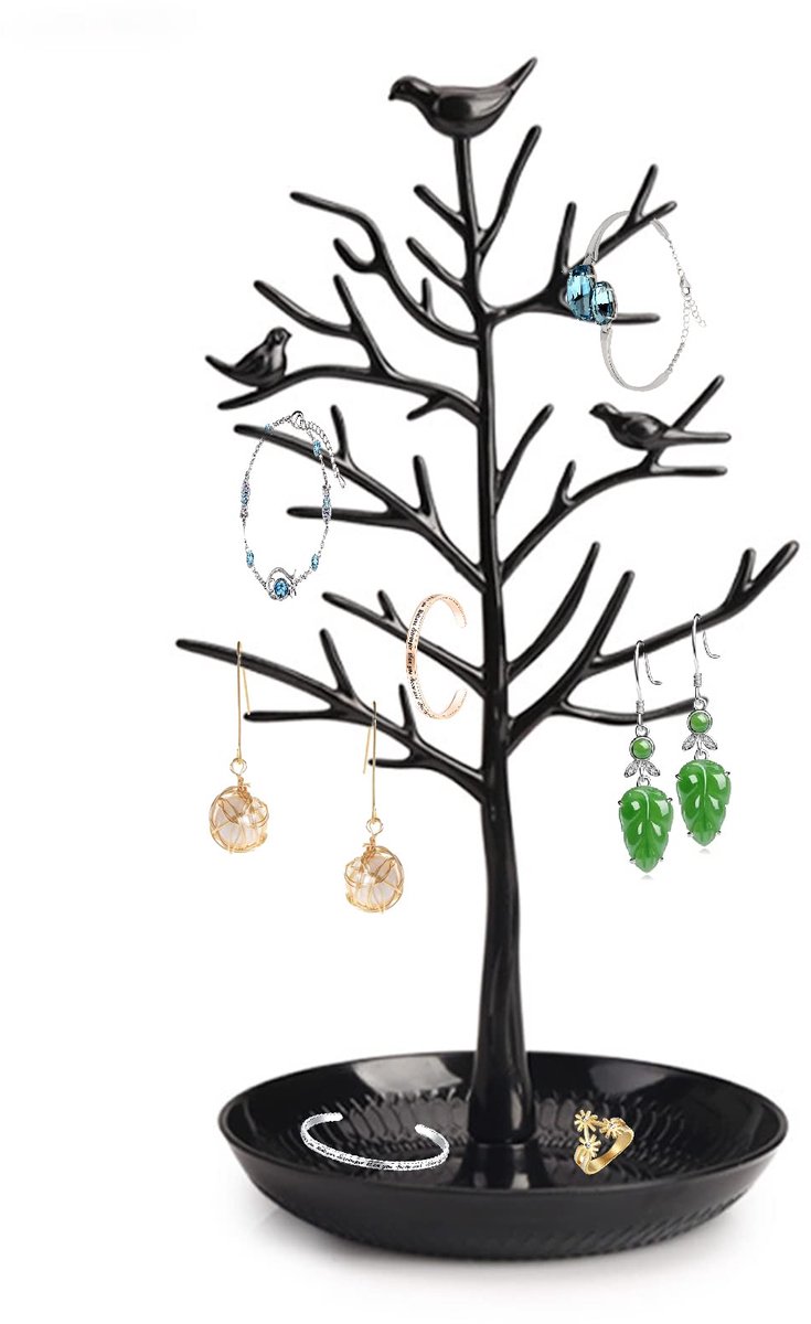 Decoratieve oorbellenhouder, vogels, sieradenstandaard, sieradenstandaard, zwart, hoge decoratieve sieradenboom, make-up opberger, sieradenstandaard, boomontwerp, creatief boomontwerp, sieradenboom voor kettingen, armbanden, ringen